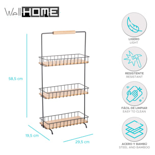 Estante de cocina con 3 pisos de 29,5x15,5x58,5cm - En acero y madera de color Negro