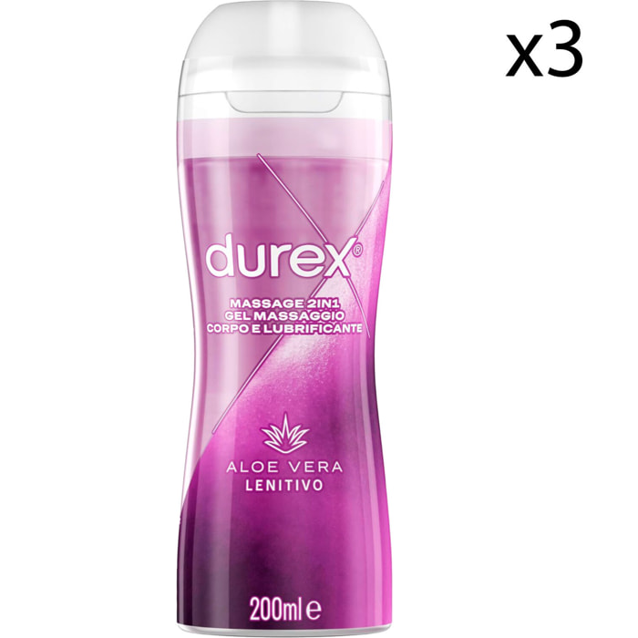 3x Durex Massage 2in1 Gel Massaggio Corpo e Lubrificante Intimo Lenitivo con Aloe Vera - 3 Flaconi da 200ml