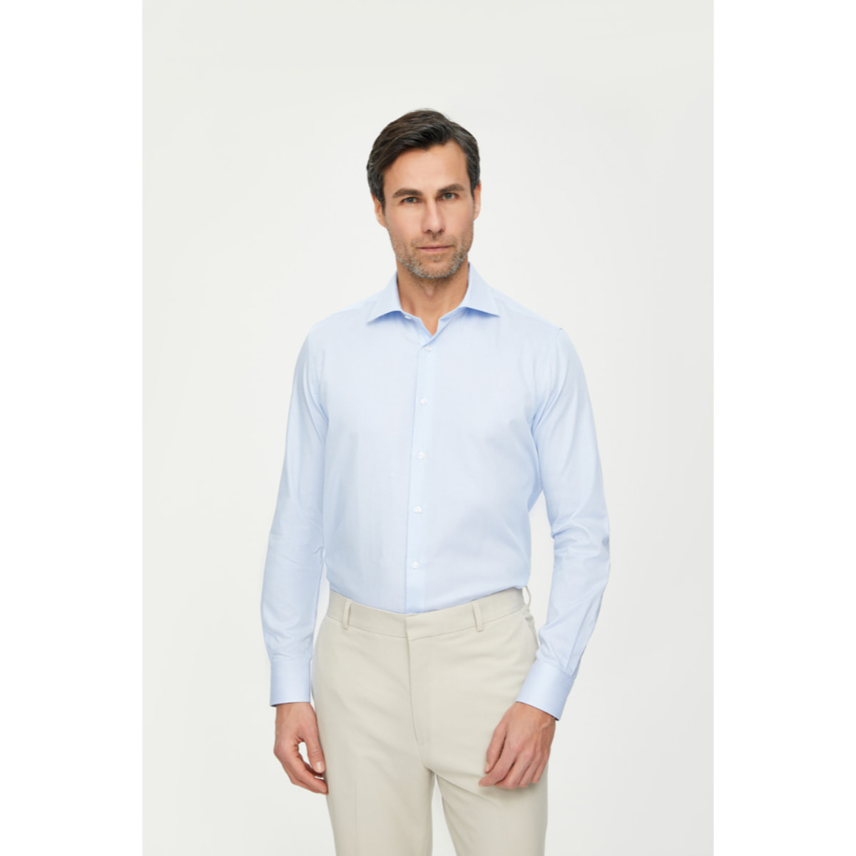 Camicia Uomo 1 Bottone Francese Slim Cotone Riga Stretta Celeste/Bianco