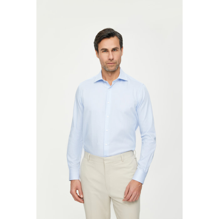 Camicia Uomo 1 Bottone Francese Slim Cotone Riga Stretta Celeste/Bianco