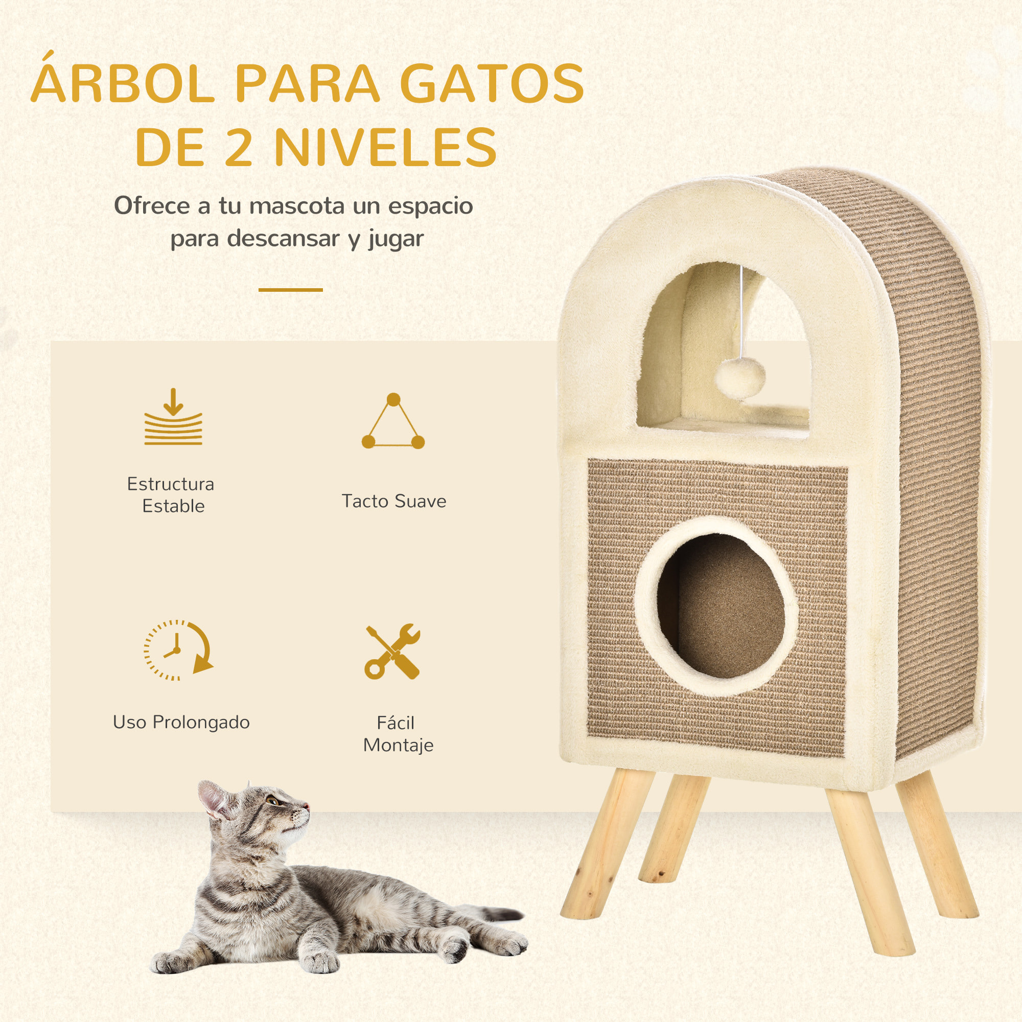 Árbol Rascador para Gatos de 2 Niveles con Cueva de Sisal Natural y Felpa Puerta Arqueada Bola de Juguete y 4 Patas Elevadas de Madera 40x34x91 cm Café