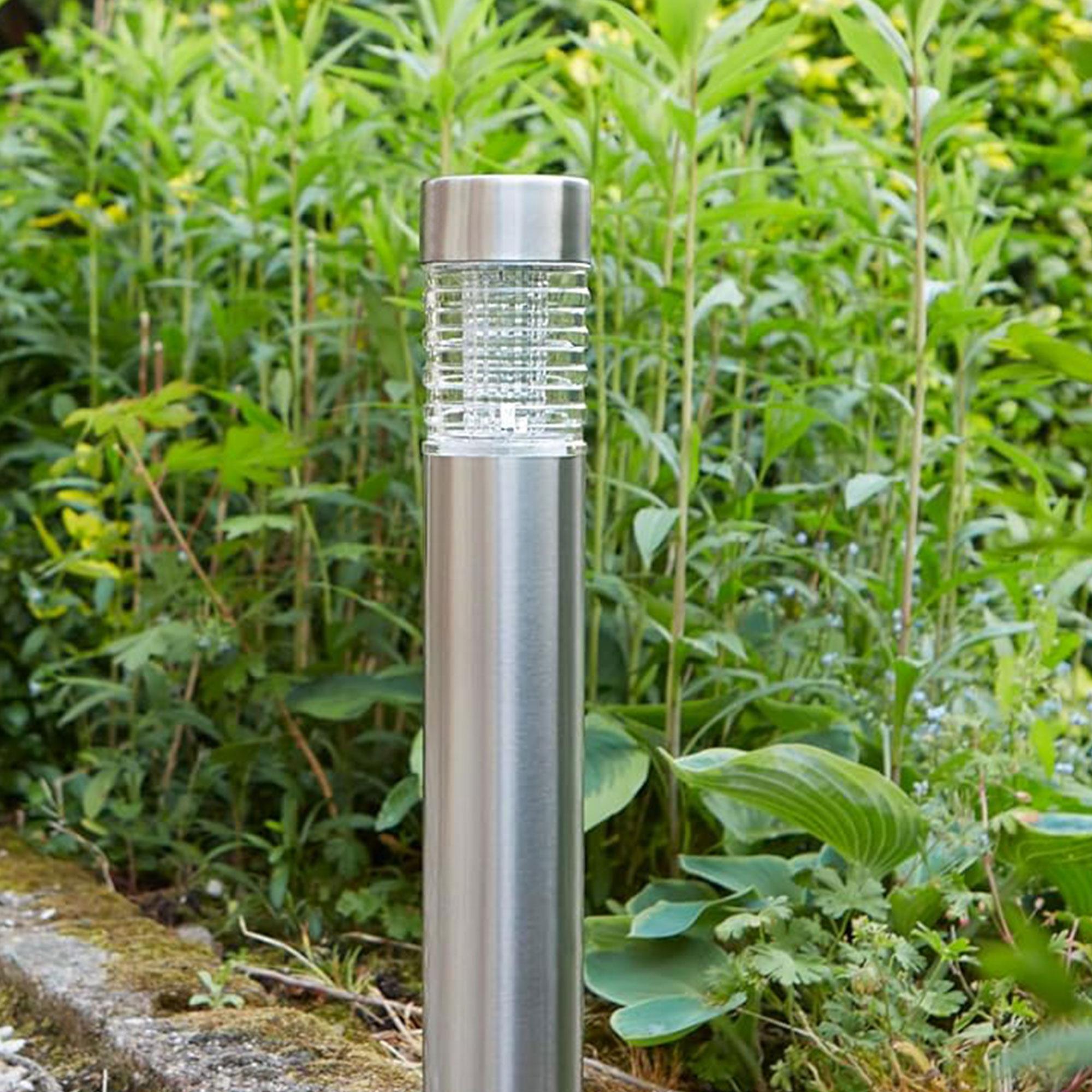 Well Home Luz solar de acero inoxidable con pantalla de cristal y LED blanco cálido Ø6x27cm