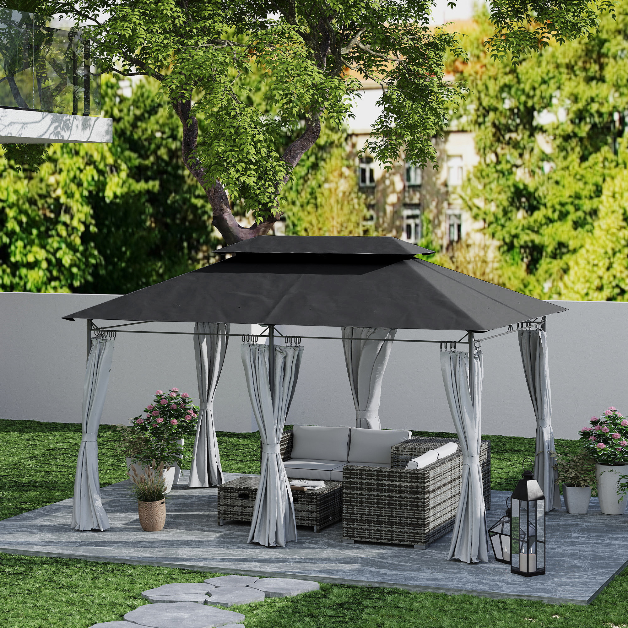 Cenador para Jardín 4x3 m Pérgola de Jardín Gazebo con Doble Techo Paredes Laterales Resistente al Agua Carpa para Exterior Terraza Patio Gris Oscuro
