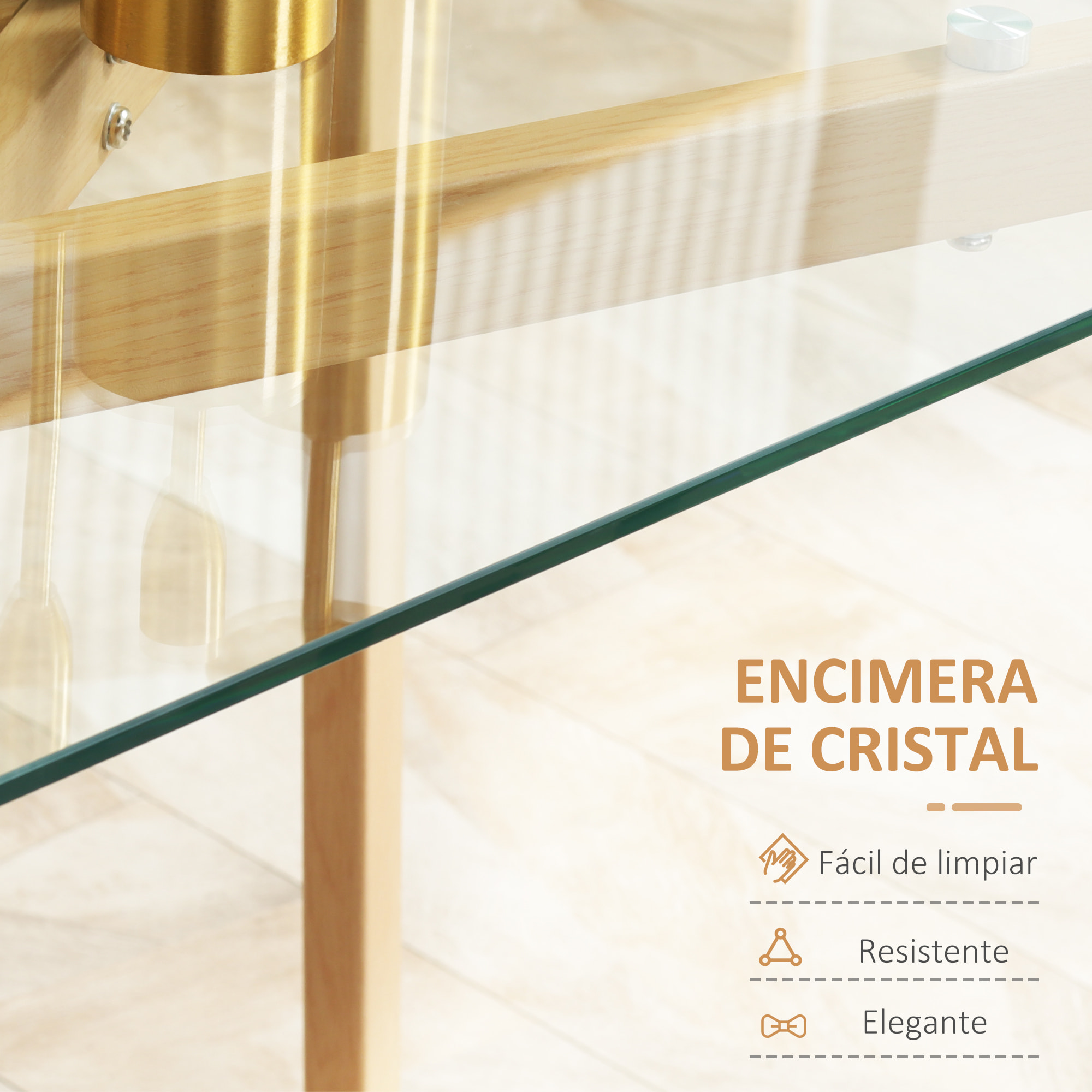 HOMCOM Mesa de Comedor para 4 Personas Mesa de Cocina Moderna con Tablero de Vidrio Templado y Patas de Acero con Efecto Madera para Salón 120x60x76 cm Transparente