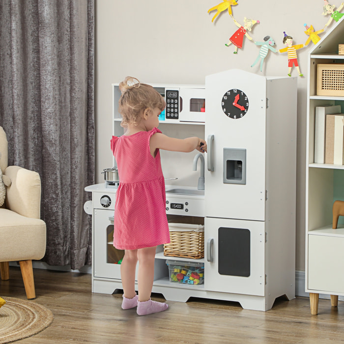 Cocina de Juguete para Niños +3 Años Cocina de Madera Infantil Cocinita Infantil con Fogón Grifo Fregadero Microondas Reloj Máquina de Hielo y Accesorios de Cocina Blanco