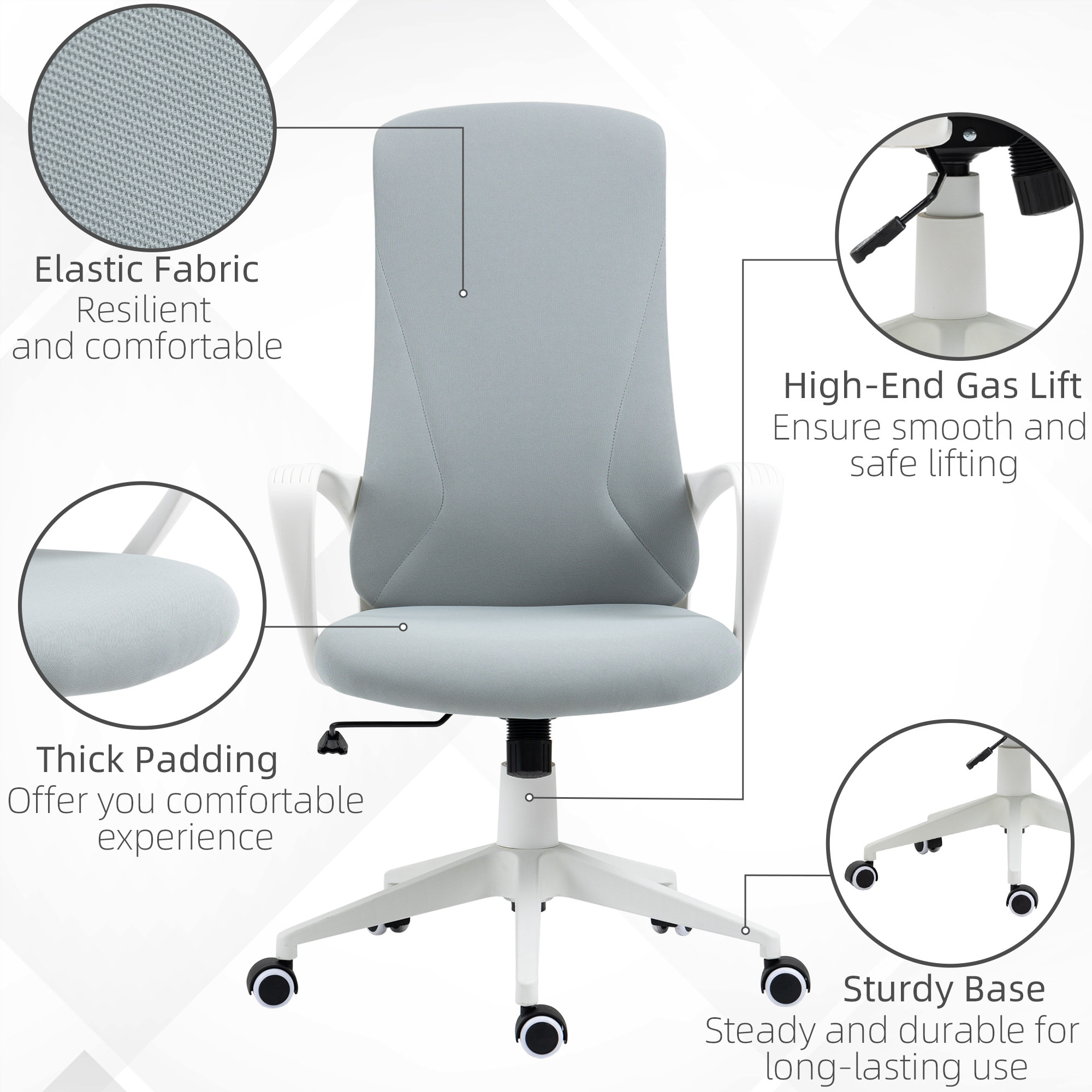 Fauteuil de Bureau ergonomique avec accoudoirs et roulettes pivotant - Fonction Inclinaison et Hauteur réglable dim. 62L x 56l x 119,5H cm - Gris clair