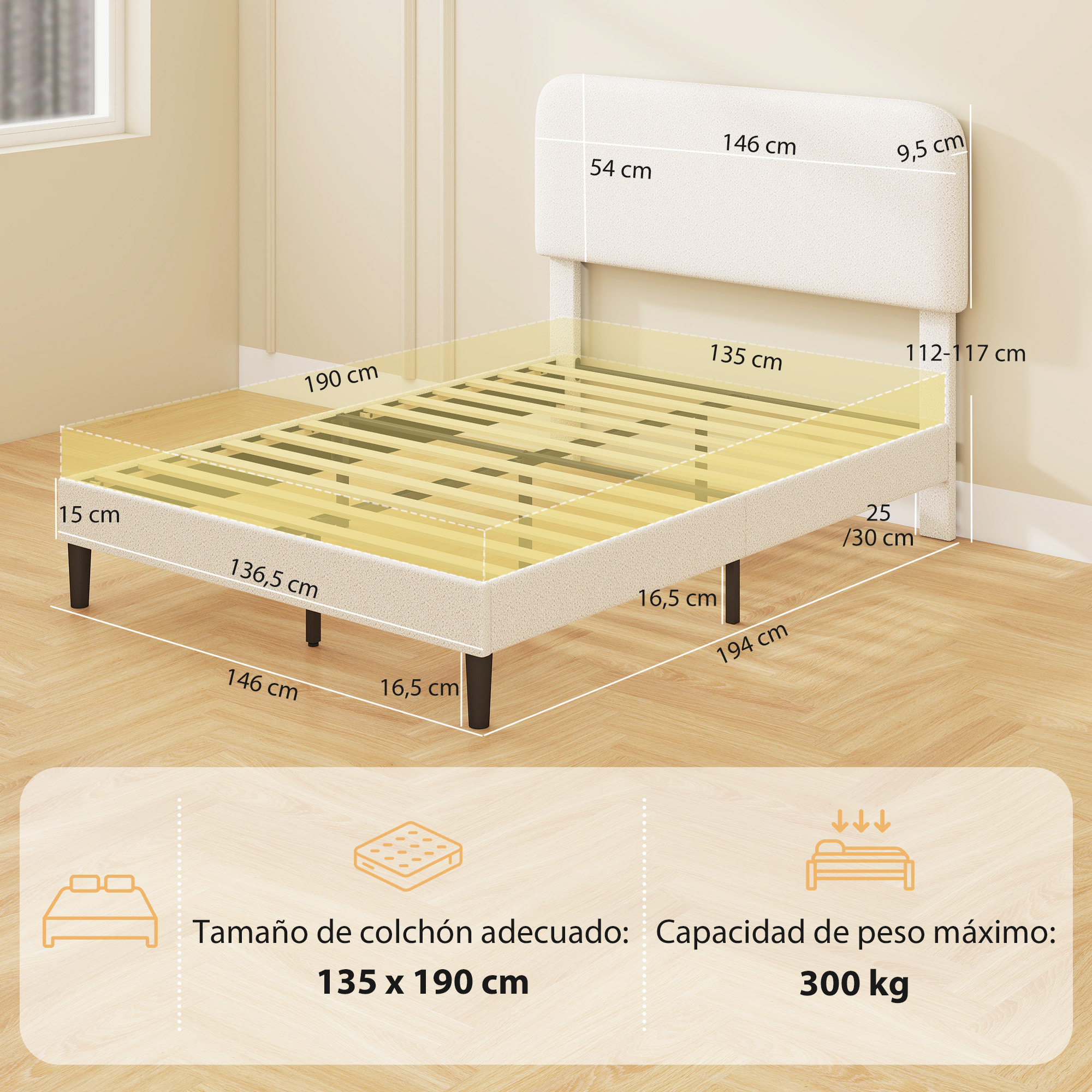 Cama Tapizada en Borreguito, 135x190 cm, Cama Matrimonio con Cabecero Ajustable en Altura, Listones de Madera, Blanco