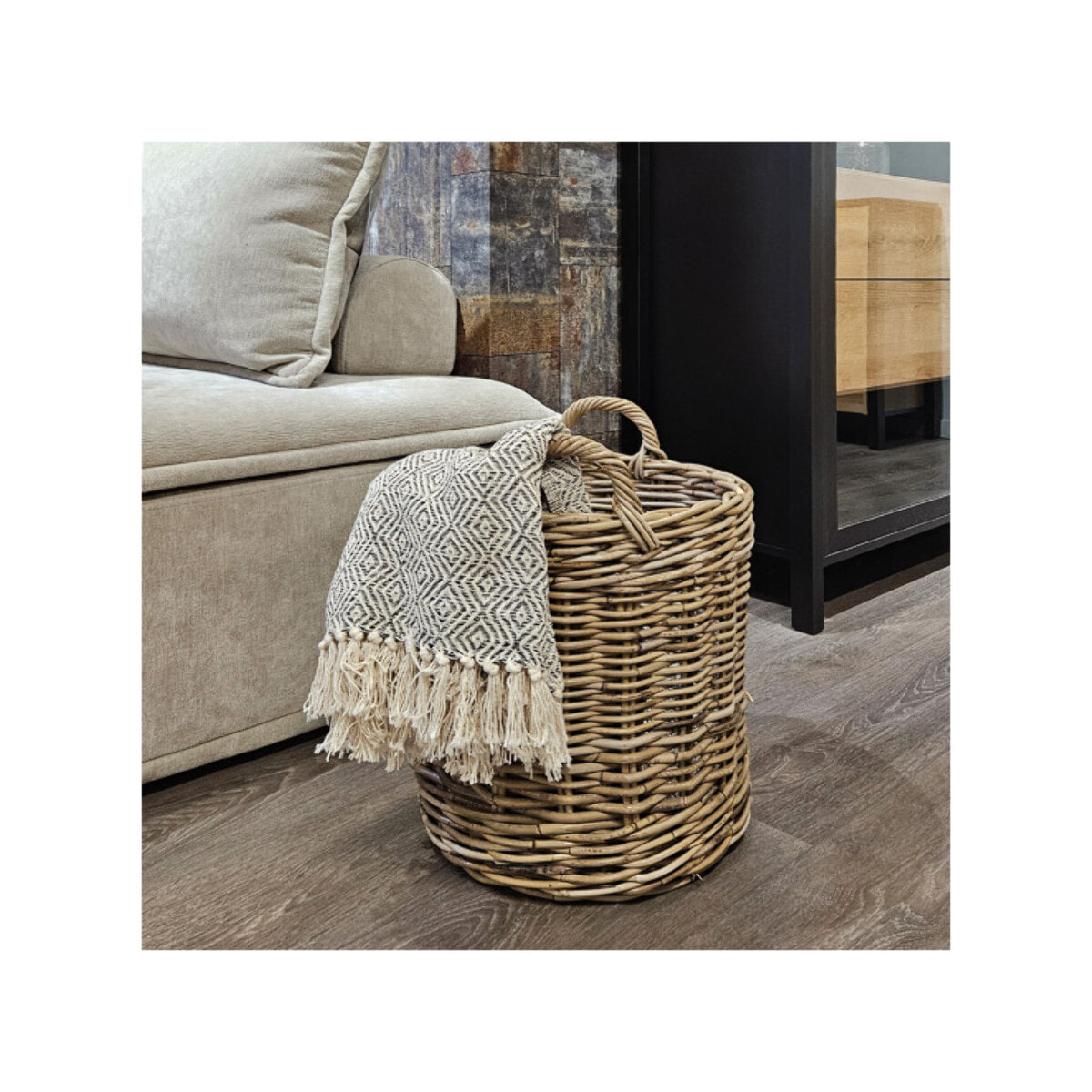 Panier rond H. 43 cm en kubu naturel tressé avec anses - ENRICO