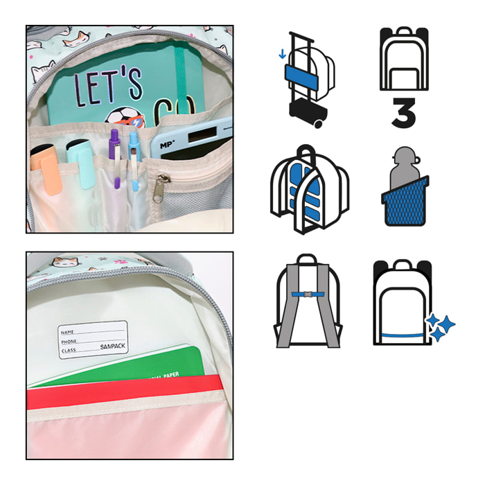 Zaino scolastico con tre cerniere, pannello imbottito, dettagli riflettenti e compatibile con trolley. 28x12x37 cm.