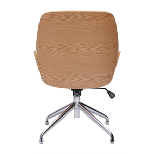 Chaise de bureau design pivotante 360° blanche, bois clair et métal chromé MARLOW