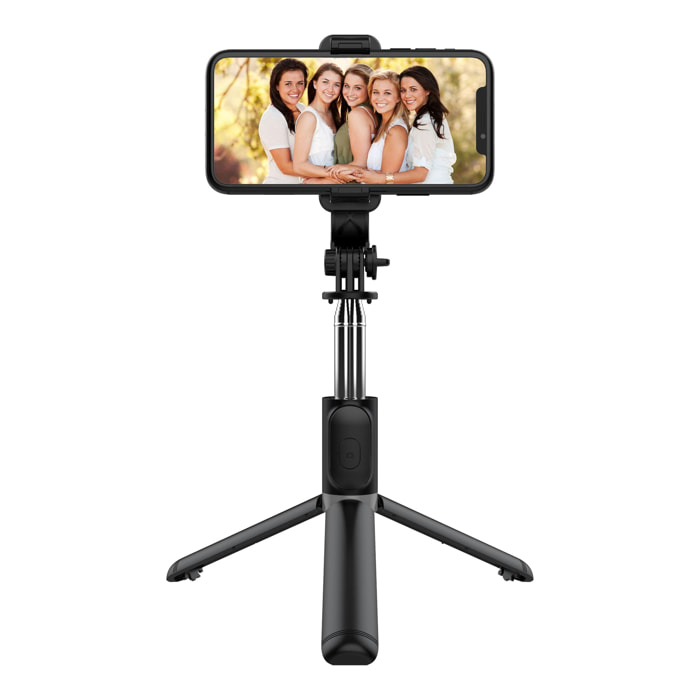 Palo selfie stick con trípode extensible y disparador remoto Bluetooth.