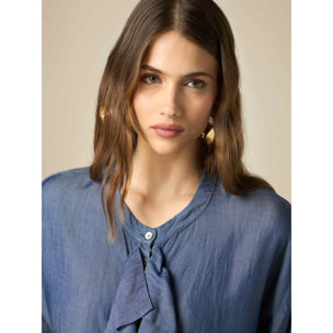 Oltre - Camicia in chambray con volant - Blu