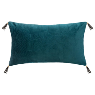 Coussin "Feuille" en velours brodé - bleu canard 30x50 cm