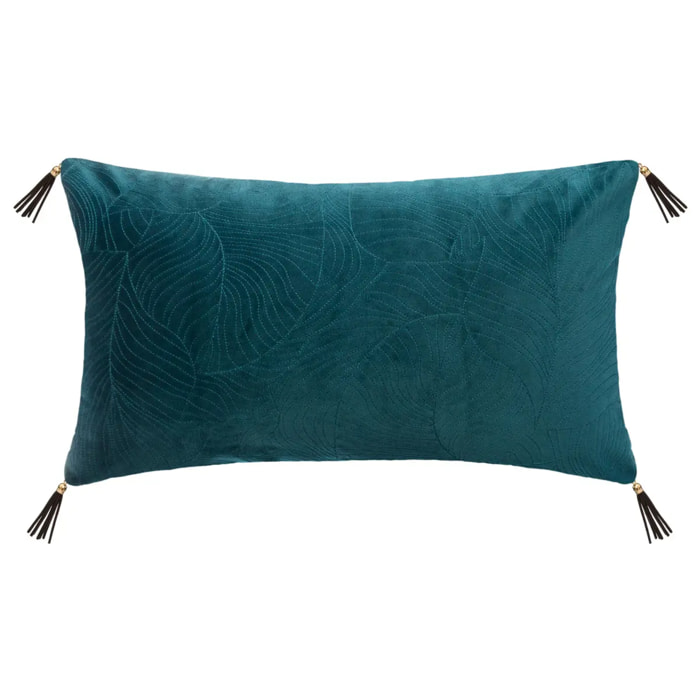 Coussin "Feuille" en velours brodé - bleu canard 30x50 cm