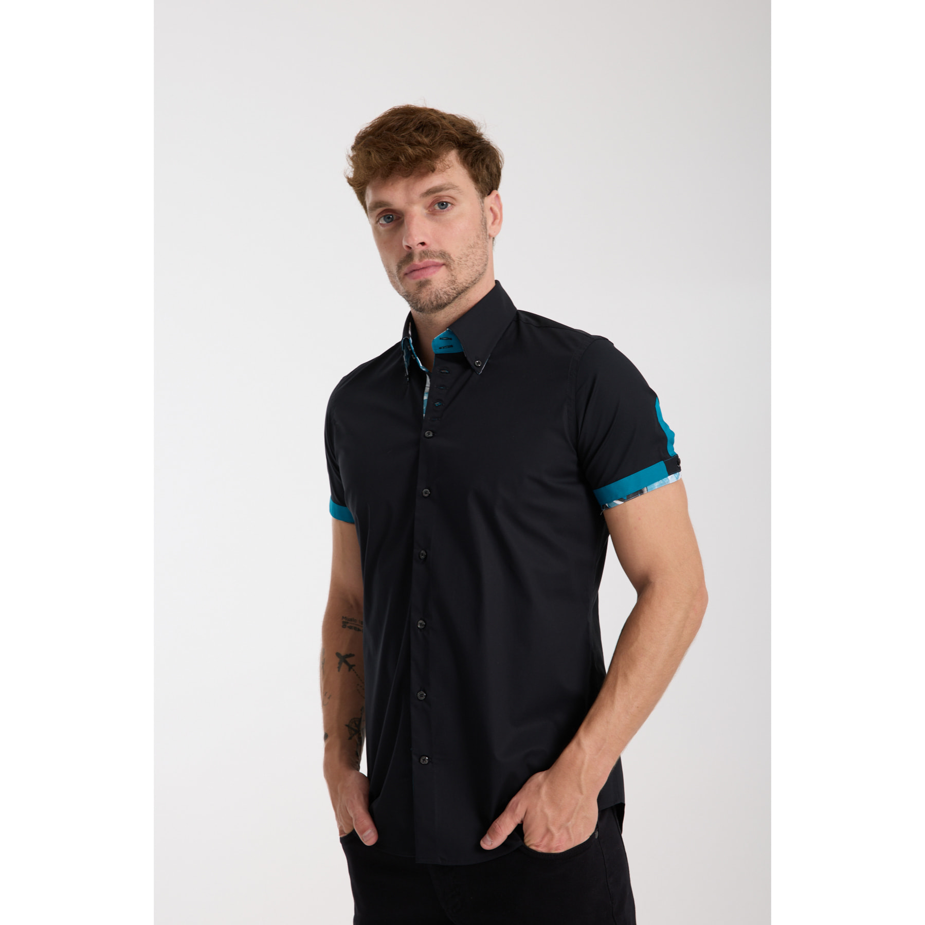 Camicia Uomo Manica Corta 2 Bottoni Button Down 7 Botto Popeline Stretch Unito Nero