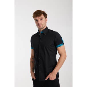 Camicia Uomo Manica Corta 2 Bottoni Button Down 7 Botto Popeline Stretch Unito Nero
