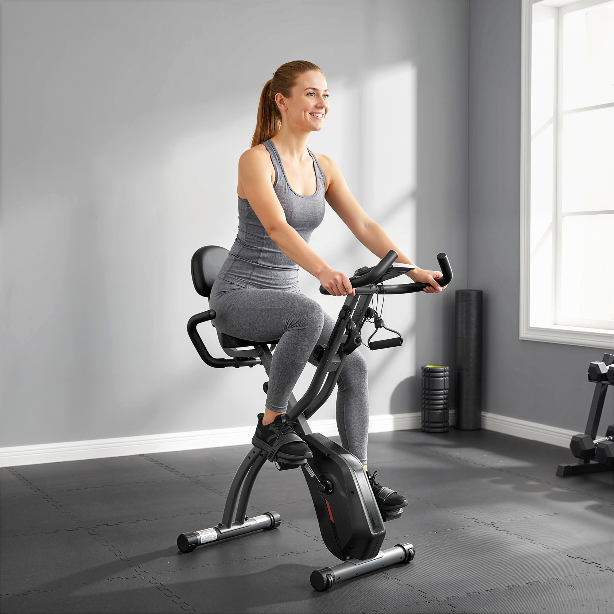 Vélo d'appartement pliable 3-en-1 classique semi-allongé bandes de résistance noir