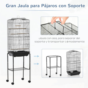 Jaula para Pájaros con Ruedas 46,5x36x157 cm Jaula Metálica de Aves con Puertas 4 Comederos 3 Perchas Bandeja Extraíble y Estante de Almacenaje para Canarios Periquitos Negro