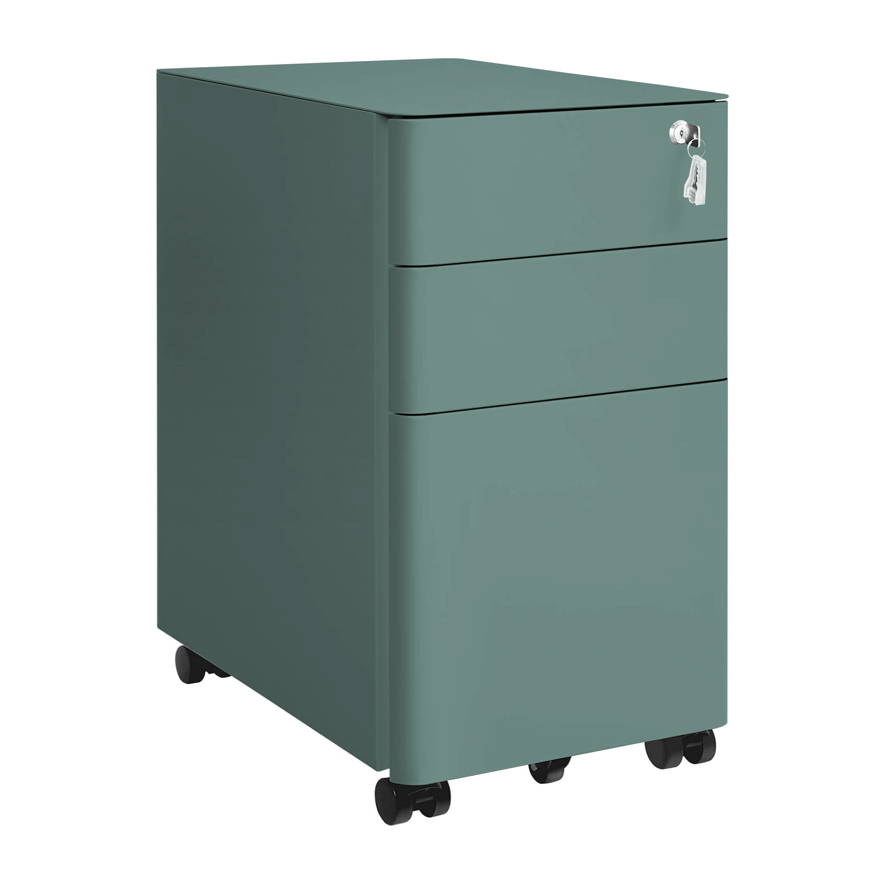 Cassettiera ufficio in acciaio verdone con 3 cassetti e ruote 30x50x59
