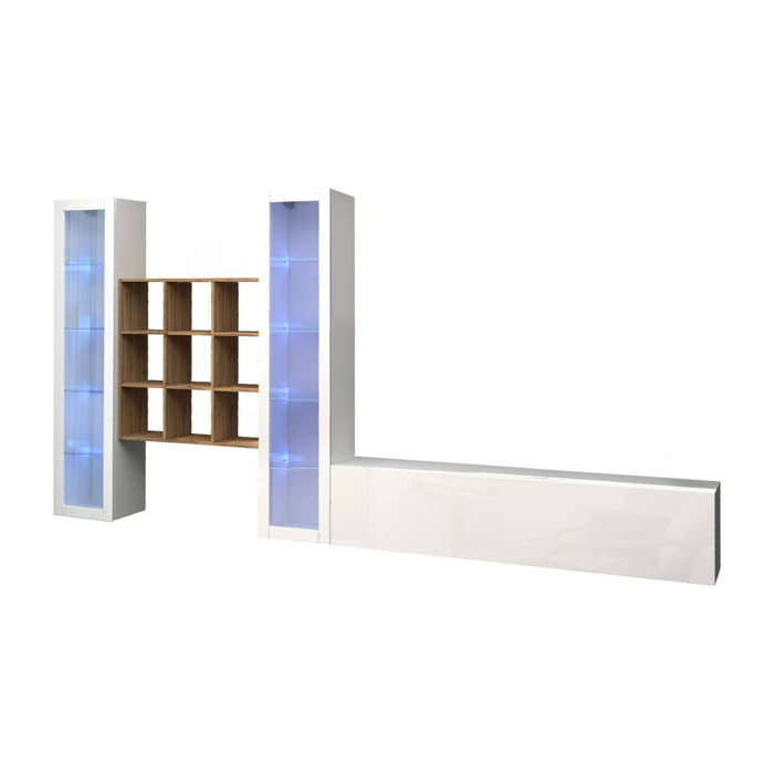 Parete attrezzata Egidio, Set salotto porta TV a 3 ante, Mobile soggiorno multiuso con vetrina e luce LED, 100% Made in Italy, cm 350x30h180, Bianco lucido e Acero