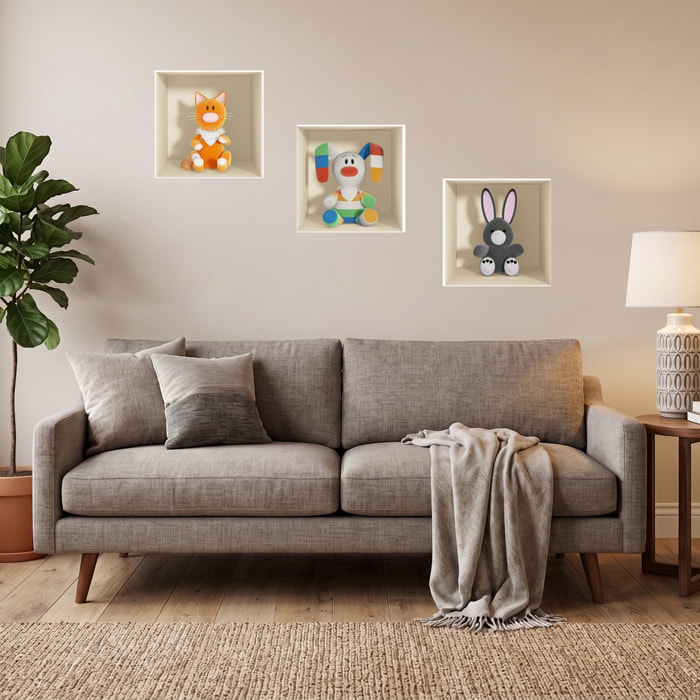 Stickers muraux 3D | Sticker Mural Autocollant effet 3D jouets Lapin gris, chat et lapin en couleur - Stickers adhésifs 3D Chambre Salon Trompe l'oeil