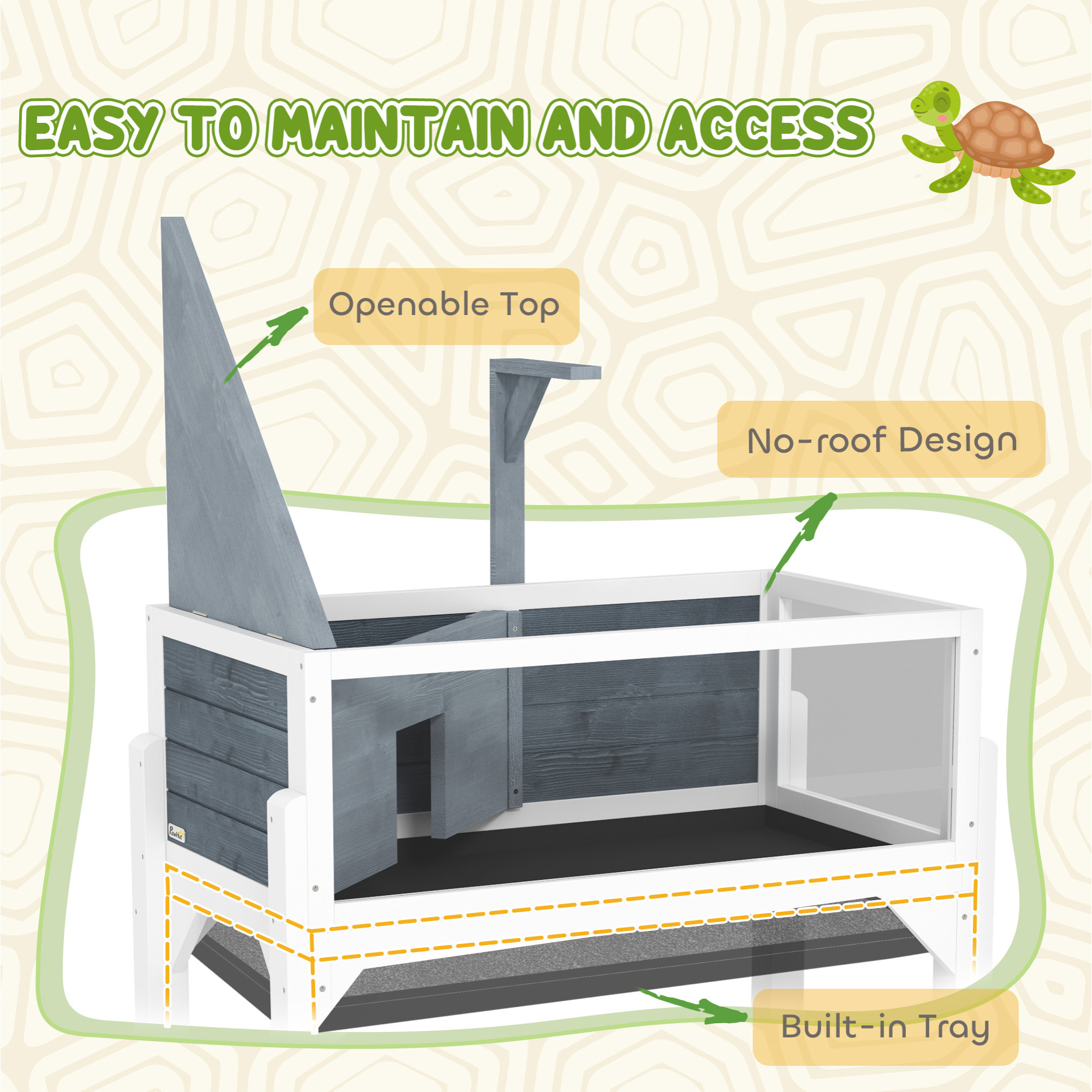 Casa de Tortugas de Madera, Terrario de Reptiles con Estante, Soporte para Lámpara, Paneles Transparentes, Techo Abatible, Bandeja, Caseta para Tortugas Exterior Interior, 90x84,5x47,5 cm, Gris