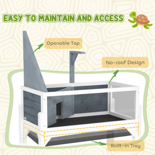 Casa de Tortugas de Madera, Terrario de Reptiles con Estante, Soporte para Lámpara, Paneles Transparentes, Techo Abatible, Bandeja, Caseta para Tortugas Exterior Interior, 90x84,5x47,5 cm, Gris