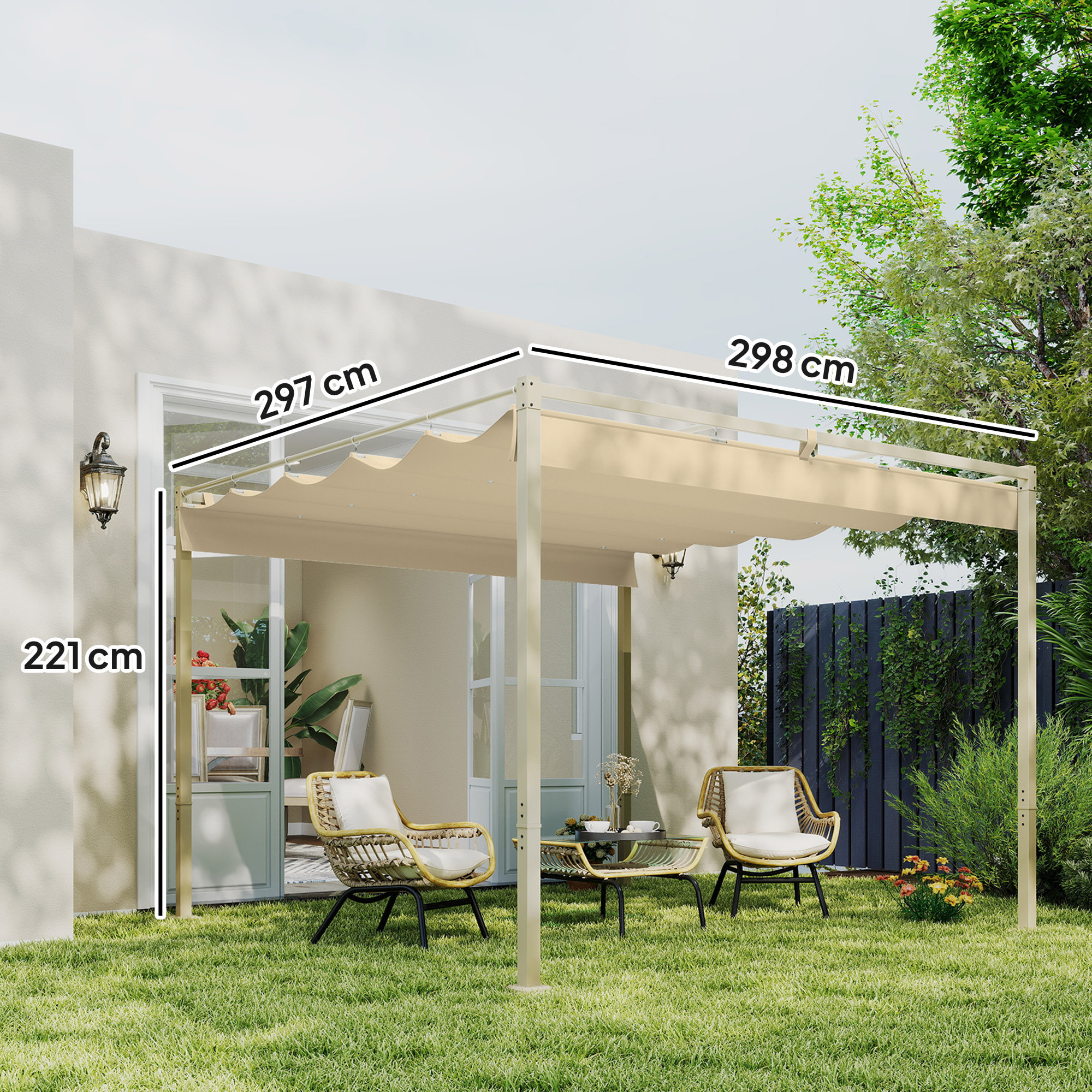 Pérgola con Techo Retráctil Pérgola de 3x3 m Cenador de Pared o Independiente con Cierre Magnético Protección UV30+ Pabellón para Jardín Patio Terraza Exterior Caqui