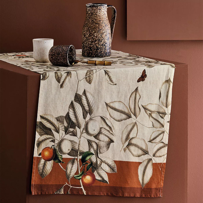 Chemin de table métis lin & coton lavé 190 g/m² imprimé beige orange Mandarines rouille