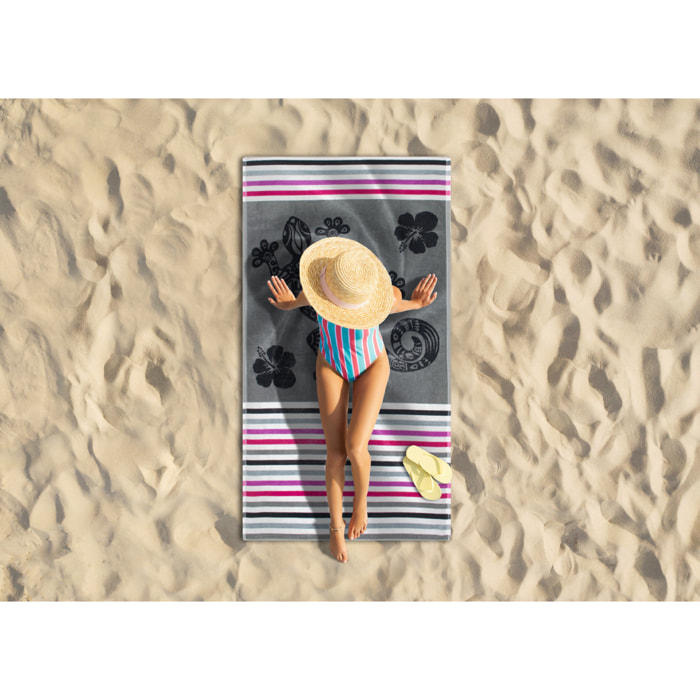 Telo Mare Spugna Jacquard Spiaggia Disegno Geko Multistripe