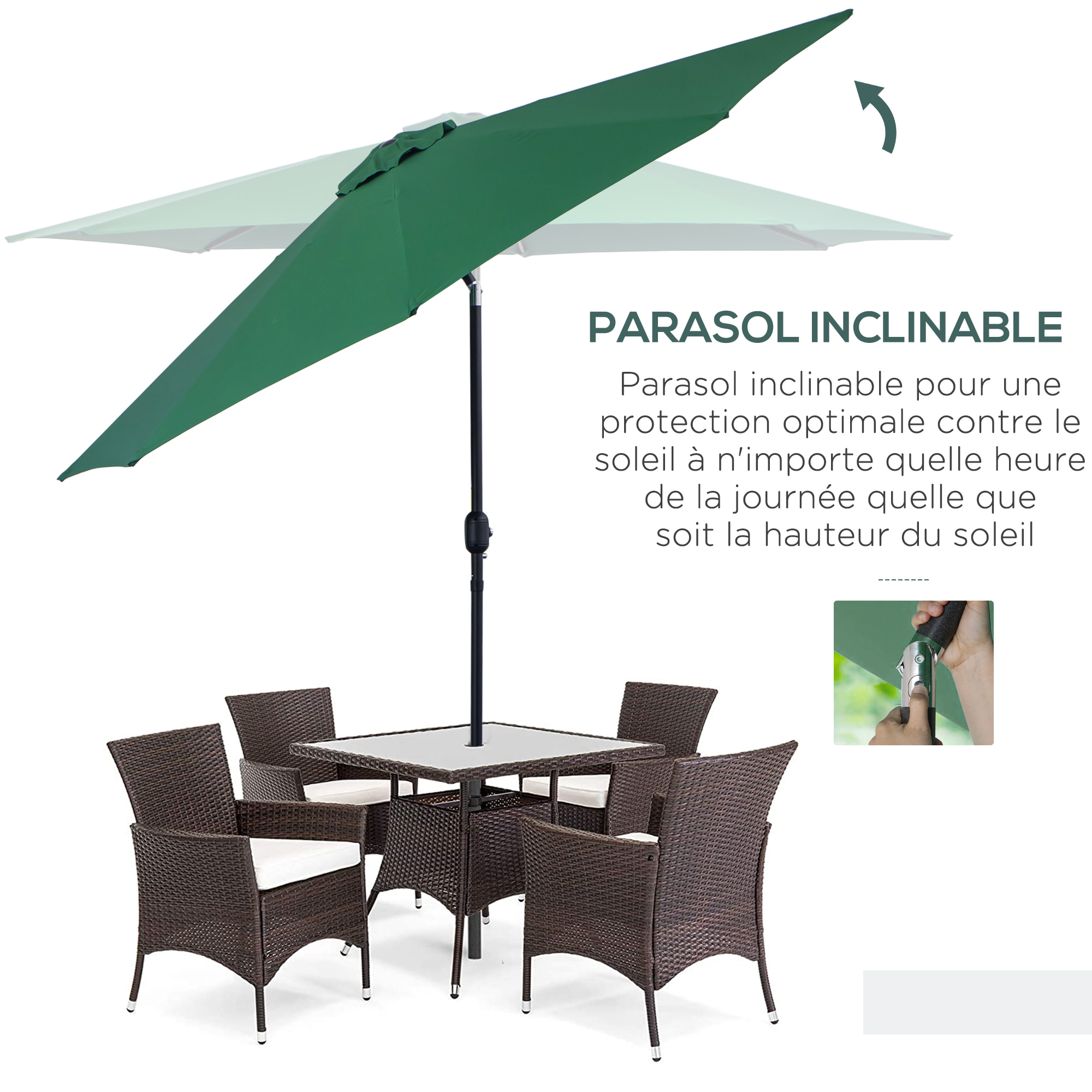 Parasol en métal rond polyester 180g/m² manivelle inclinable Ø 3 x 2,45 m vert