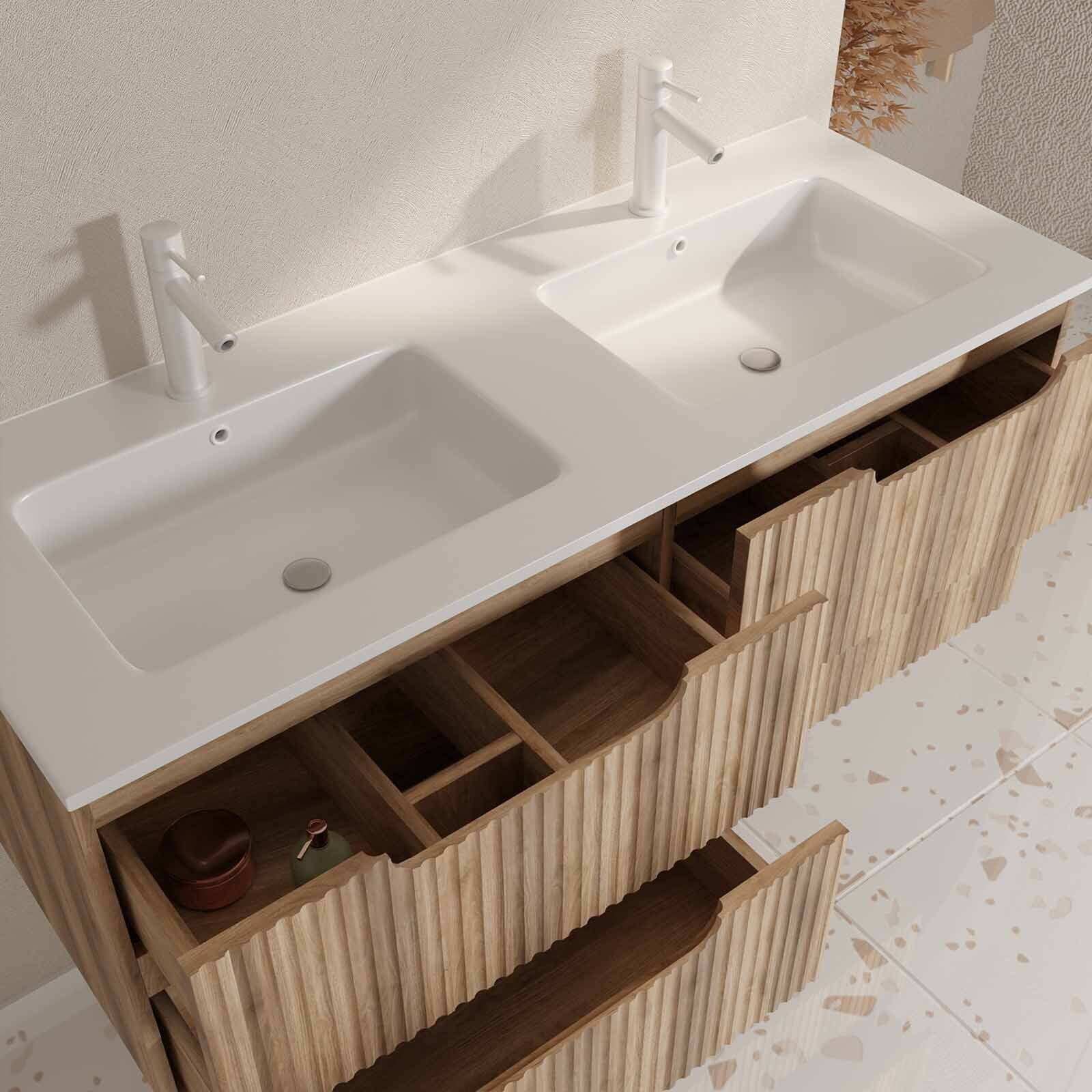 Meuble de Salle de Bains LEON 120cm Décor Bois - 4 Tiroirs en MDF Ondulés - Vasque à encastrer