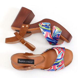 Sandali con tacco comodo e fasce in tessuto multicolore