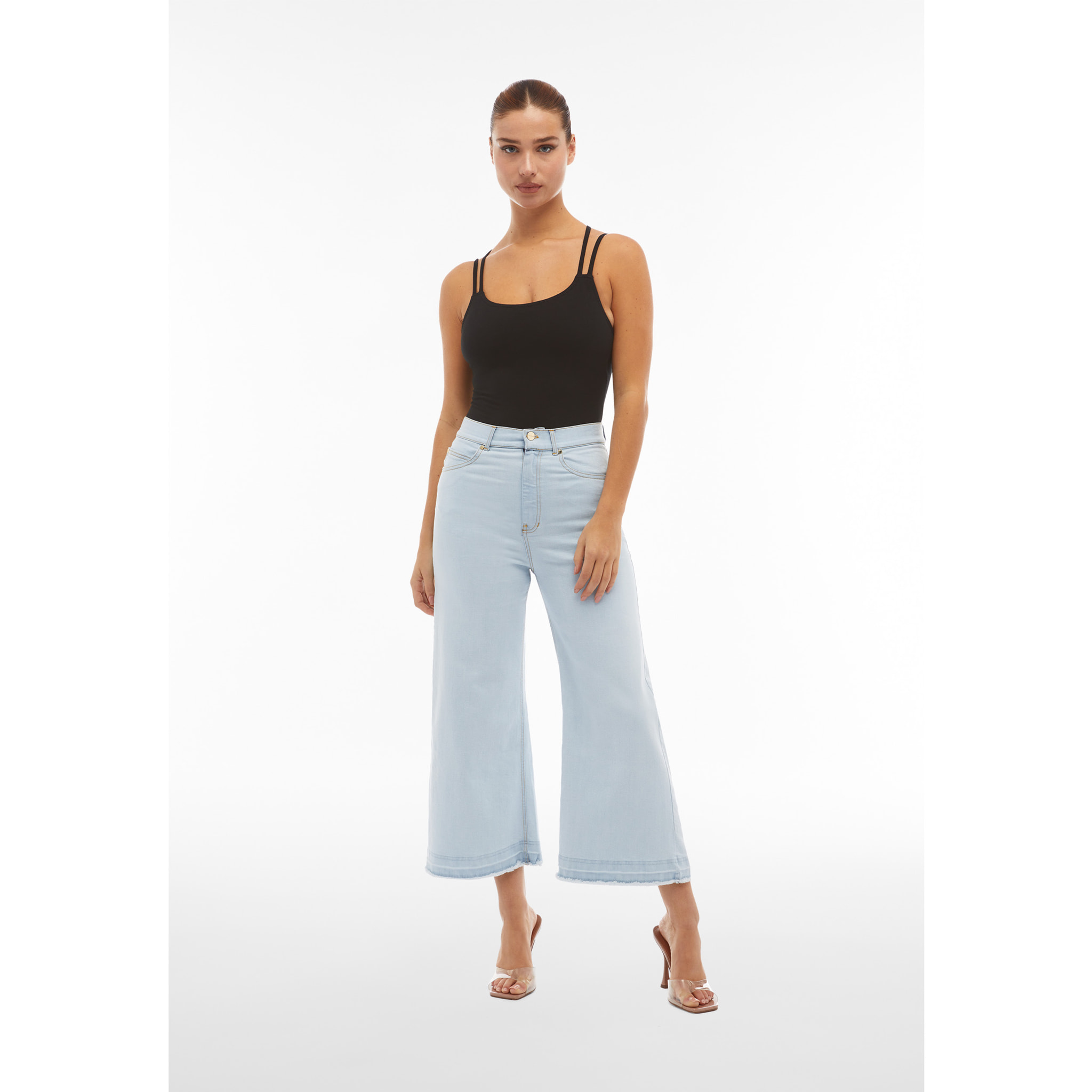 Jeans culotte lunghezza cropped fondo taglio a vivo