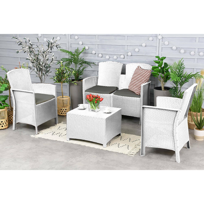 Set salotto da esterno Urano, Set da giardino con cuscini, Salottino indoor e outdoor effetto rattan, 100% Made in Italy, Bianco