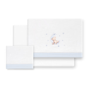 Triptico Cuna Coralina Estampado Oso Luna Estrellas + Broche Bco/Azul