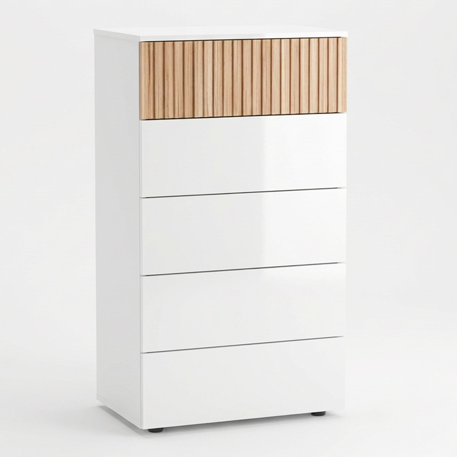 Comò Settimino 5 Cassetti Settimanale Alto Salvaspazio Mobile Mobiletto Cassettiera Camera da Letto Ingresso 109 x 61 x 40 Cm Bianco E Rovere Listato