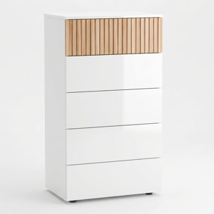 Comò Settimino 5 Cassetti Settimanale Alto Salvaspazio Mobile Mobiletto Cassettiera Camera da Letto Ingresso 109 x 61 x 40 Cm Bianco E Rovere Listato