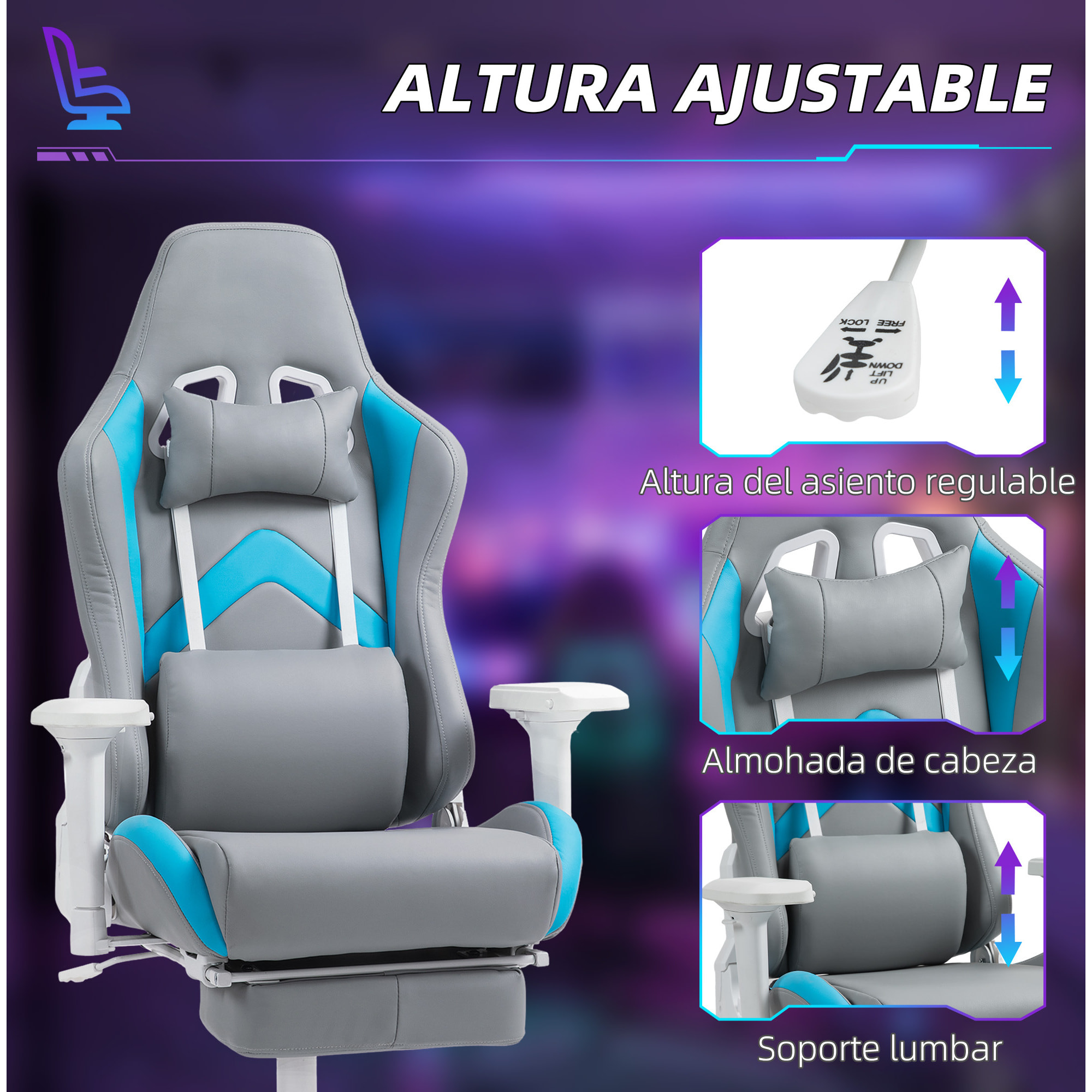 Silla Gaming Silla Gamer Reclinable con Altura Ajustable Reposapiés Retráctil Soporte Lumbar y Reposacabezas Desmontable Silla para Oficina Estudio Gris Claro y Azul