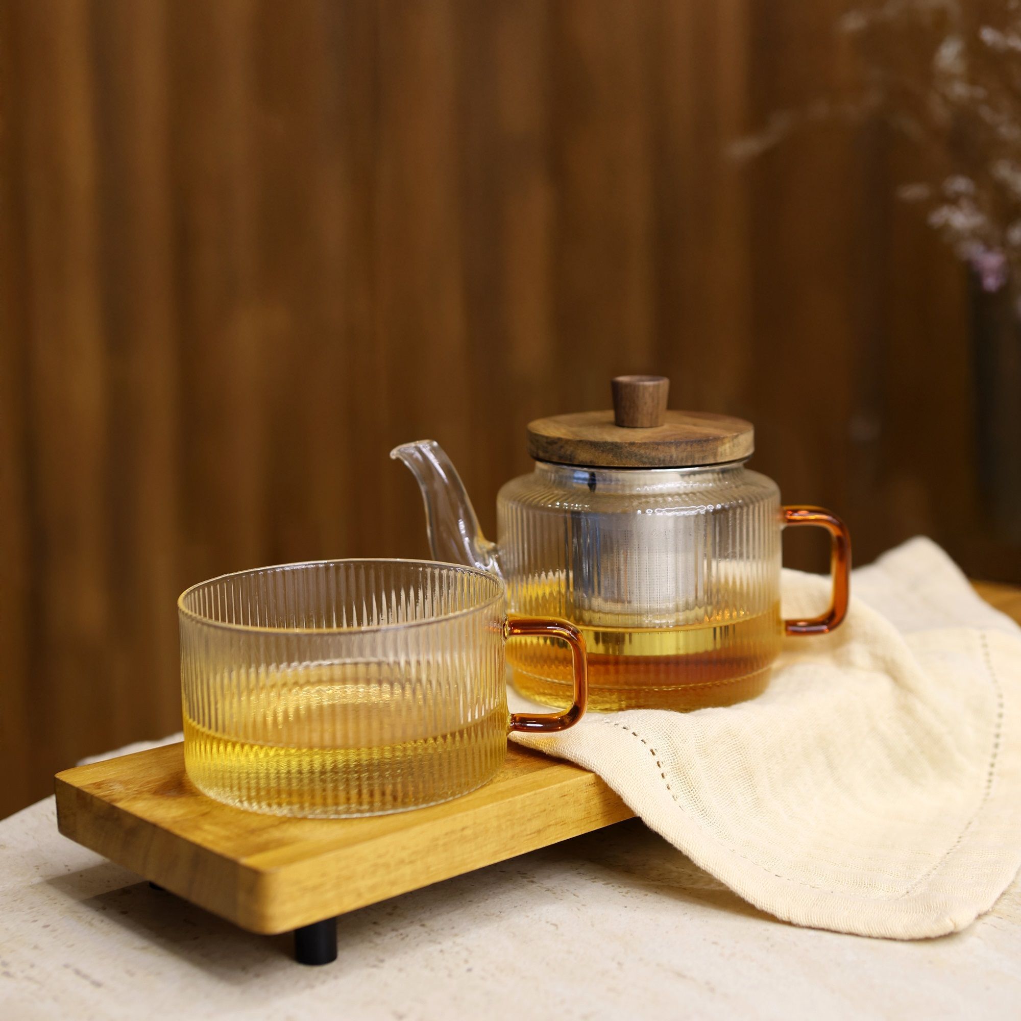 Théière en verre et anse ambre 400ml et tasse assortie 25cl KARL