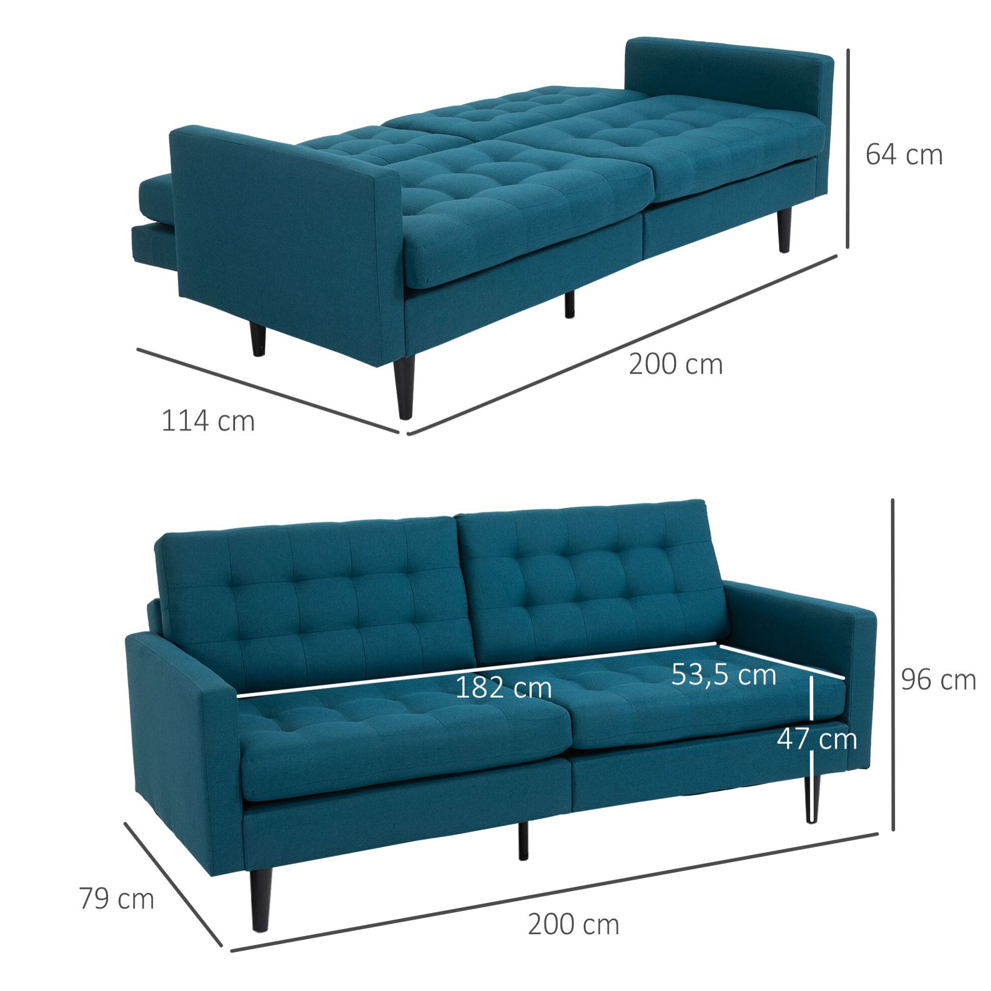 Canapé convertible 2 places design contemporain dossier inclinable indépendamment 3 positions lin bleu canard