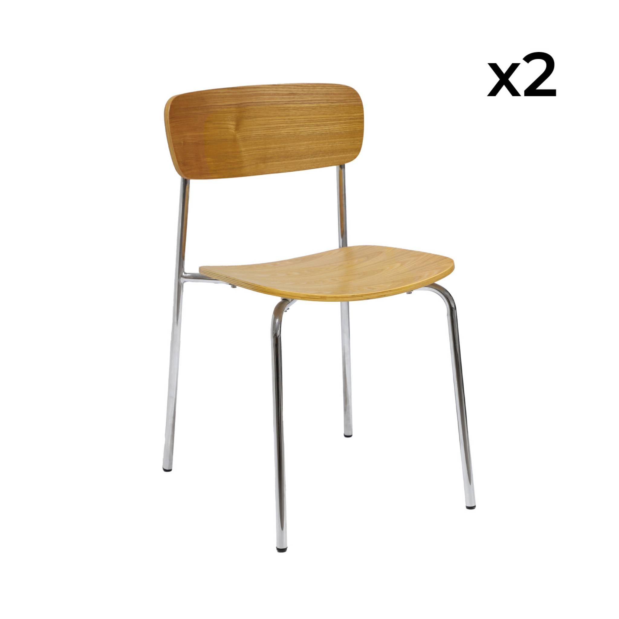 Lot de 2 chaises vintage contreplaqué avec placage bois effet frêne et pieds métal chromé L 43.5 x P 51 x H 77cm - Toby
