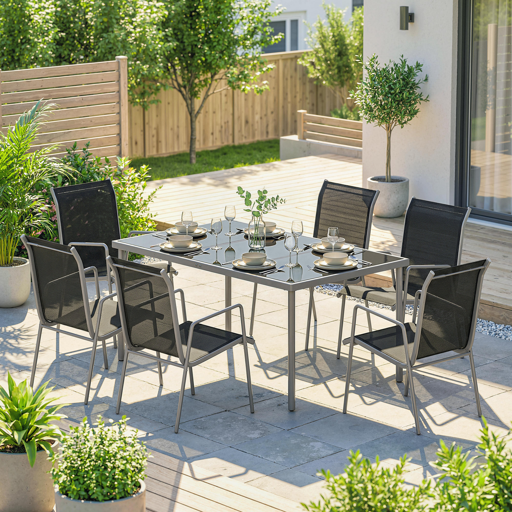 Conjunto de Mesa y Sillas Jardín de 7 Piezas, Muebles Jardín Exterior con Mesa de Vidrio Templado, 6 Sillas Apilables Transpirables, Marco de Metal Resistente a la Intemperie, Negro y Plata