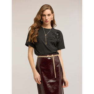 Motivi - Camiseta de jersey con aplicaciones florales - Negro