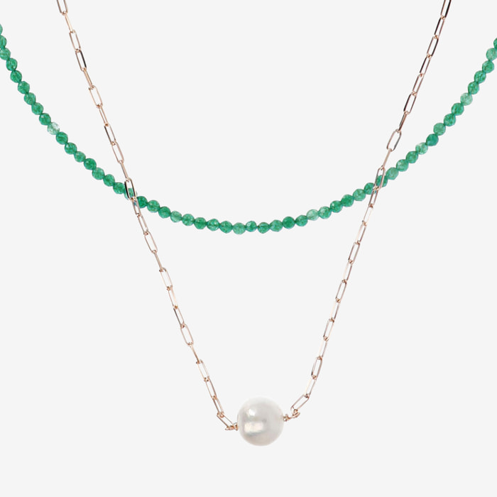 Doppia Collana Girocollo con Quarzite Verde e Maglia Forzatina con Perla Ming Bianca Ø 11 mm in Argento 925 placcato Oro rosa 18Kt