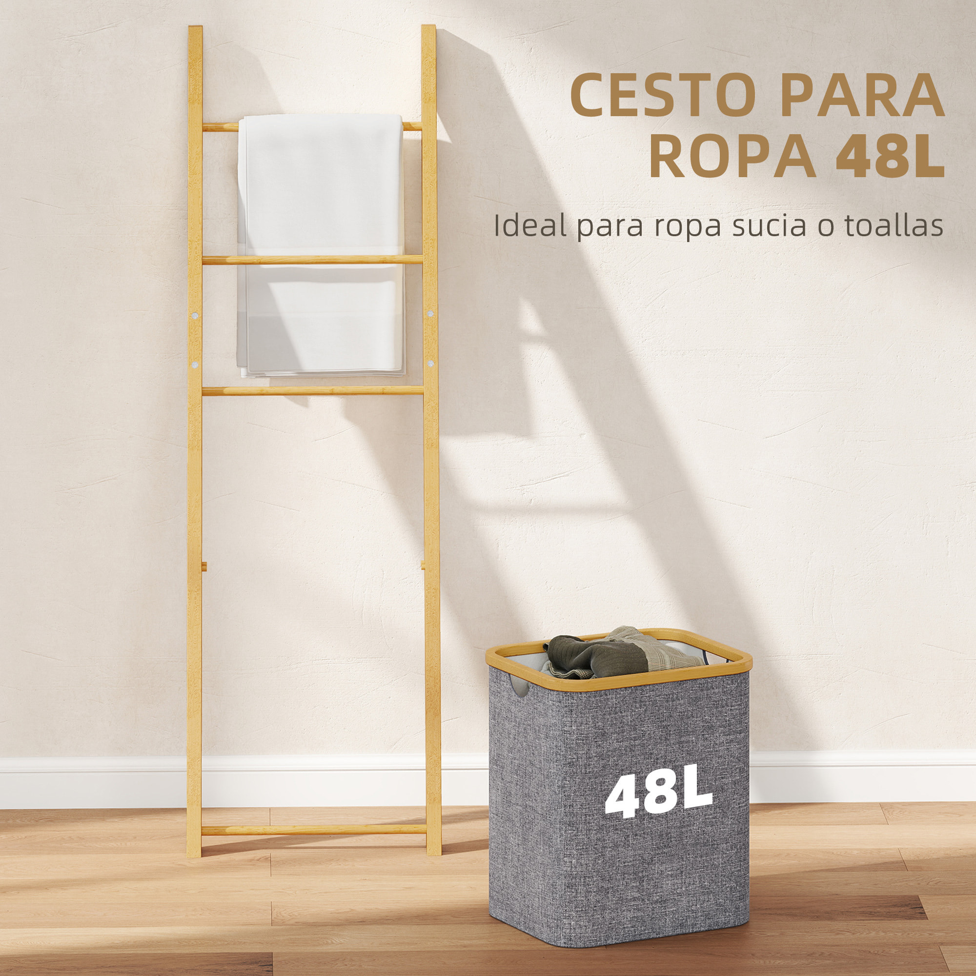 Estantería para Baño de Bambú, Toallero de Pie con 3 Barras, Cesto para Ropa Sucia Extraíble de 48 L, para Dormitorio, Lavadero, Gris