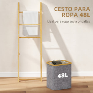 Estantería para Baño de Bambú, Toallero de Pie con 3 Barras, Cesto para Ropa Sucia Extraíble de 48 L, para Dormitorio, Lavadero, Gris