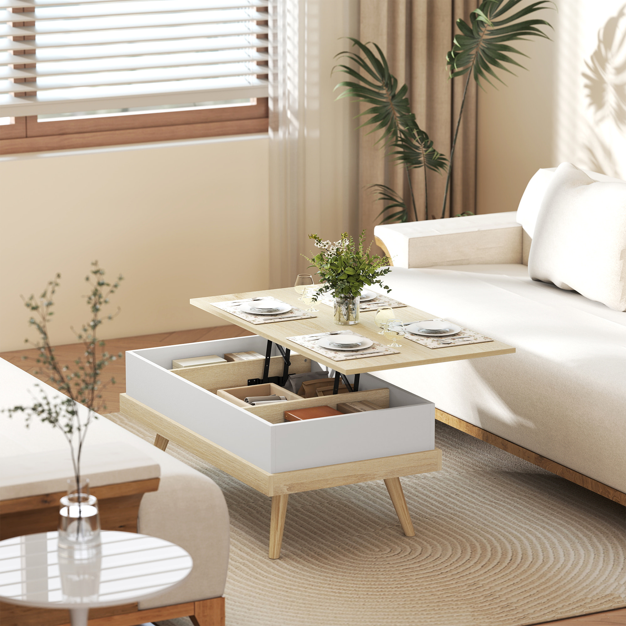 Mesa de Centro Elevable, Mesita de Salón con 3 Compartimientos de Almacenaje Ocultos y Patas de Madera, Mesa de Café para Oficina, Dormitorio, 100x79x54 cm, Natural y Blanco