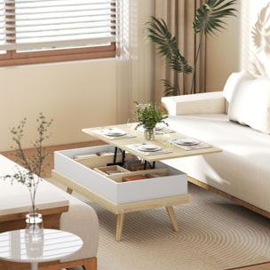 Mesa de Centro Elevable, Mesita de Salón con 3 Compartimientos de Almacenaje Ocultos y Patas de Madera, Mesa de Café para Oficina, Dormitorio, 100x79x54 cm, Natural y Blanco