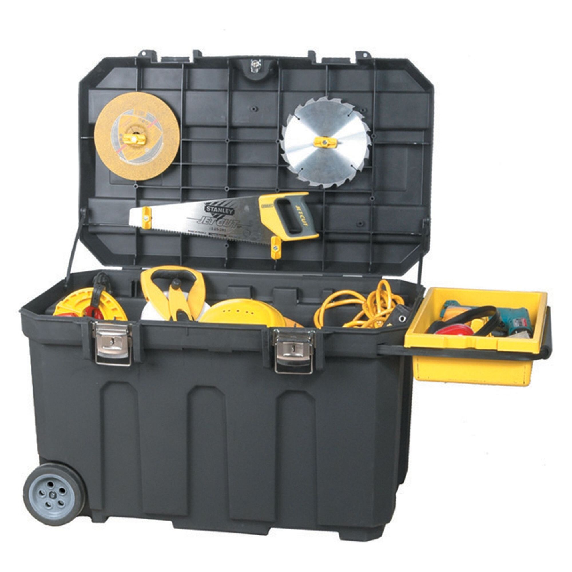 Coffre de chantier roulant 190L, grande capacité, plateau porte-outils